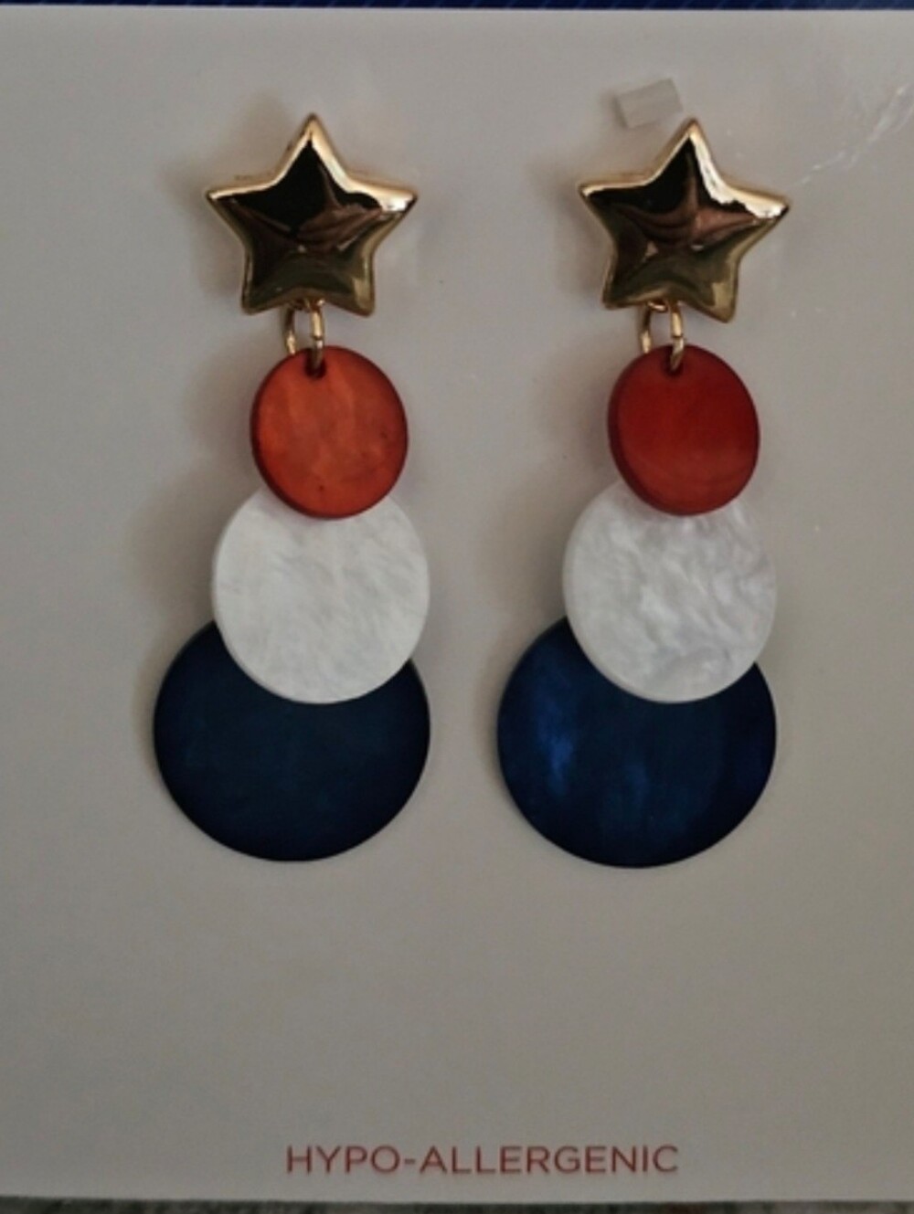 Patriotic Red White and Blue Star Drop Earrings — Hypo-Allergenic
